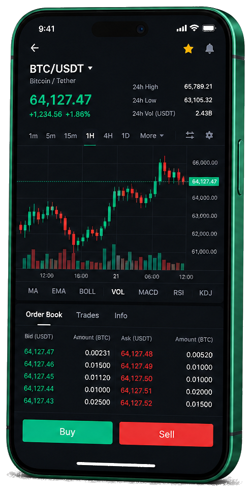 Runevoki trading platform on mobile — live BTC/USDT chart, order book, and buy/sell interface